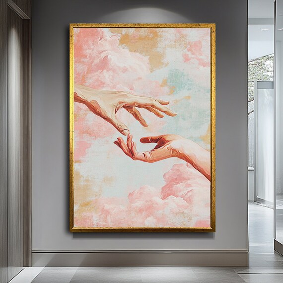 Creation of Adam Style Hands Reaching Pastel Clouds Romantic Art Print