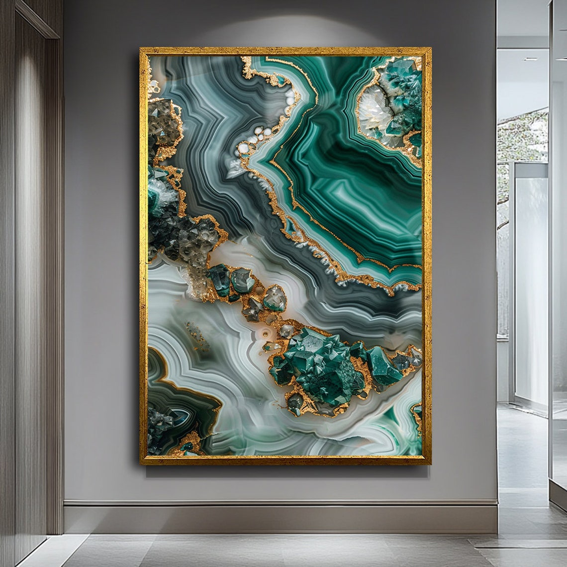 Emerald Green Agate Geode Slice Gold Leaf Edges Luxury Art Poster