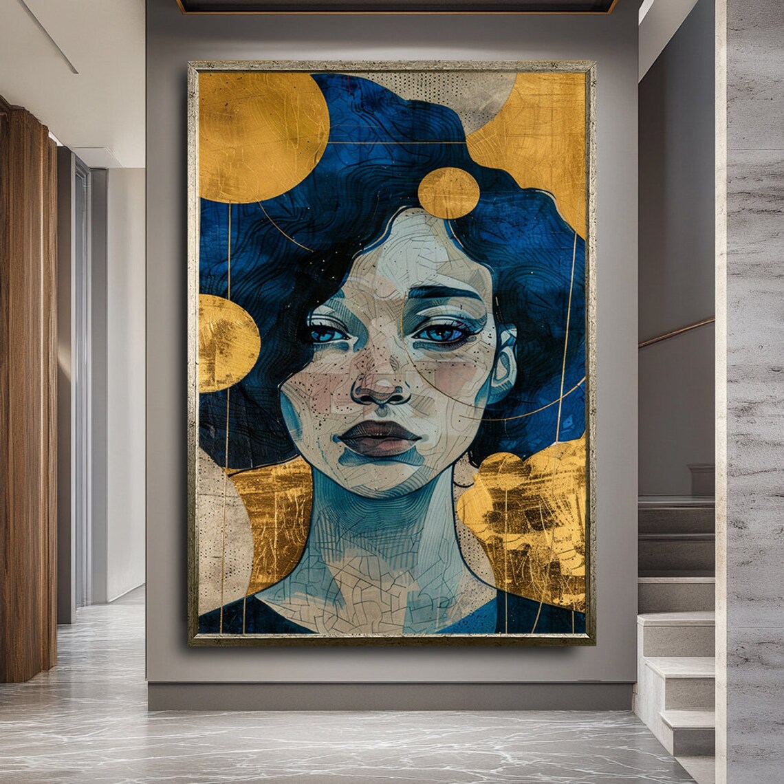 Klimt Style Woman Blue Gold Circles Decorative Portrait Poster - Image 2