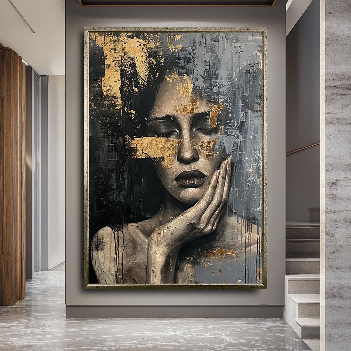 Woman Portrait Gold Leaf Black Gray Dramatic Modern Art Poster