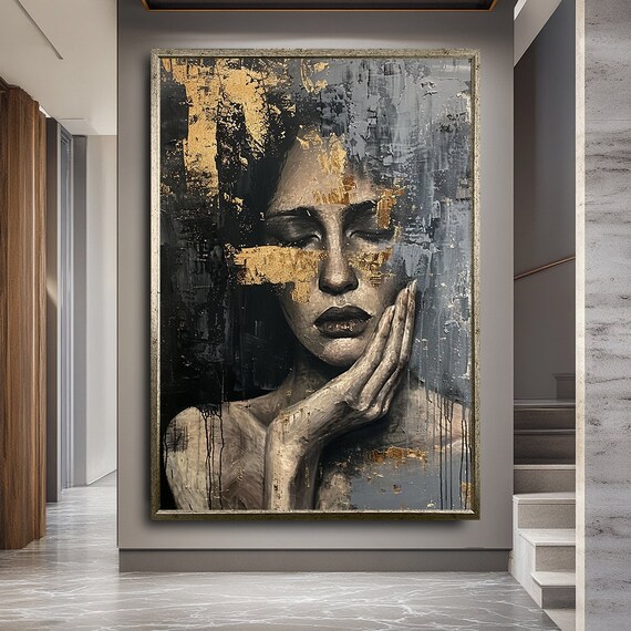 Woman Portrait Gold Leaf Black Gray Dramatic Modern Art Poster