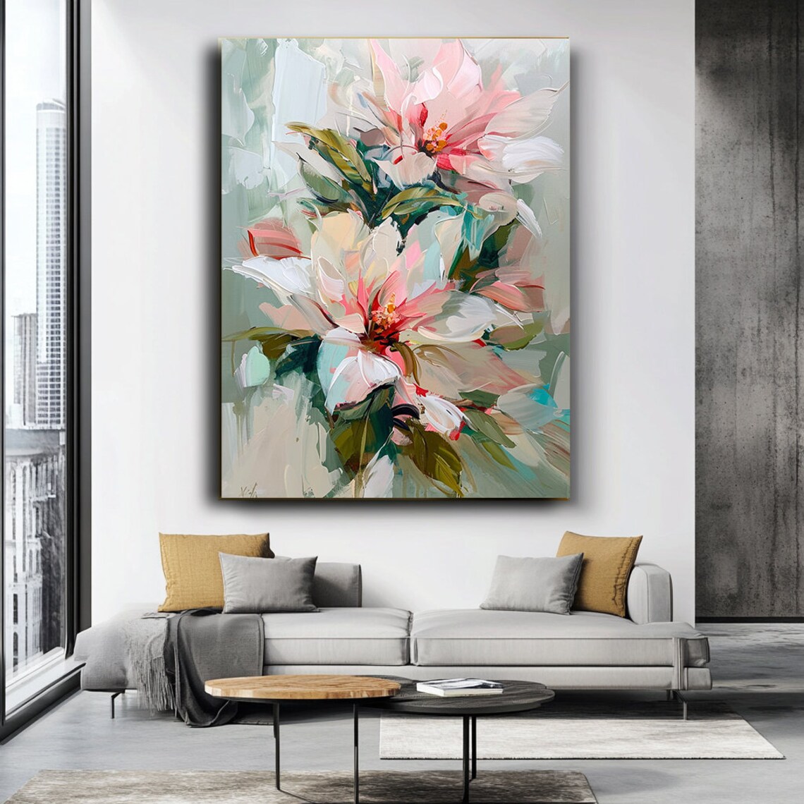 Pink White Flowers Abstract Oil Painting Soft Botanical Poster - Image 3