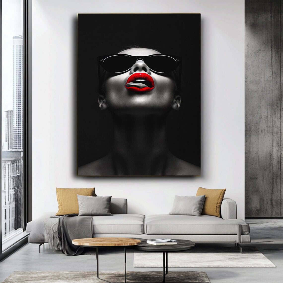 Stylish Woman In Sunglasses With Bold Red Lips Black White Wall Art - Image 3