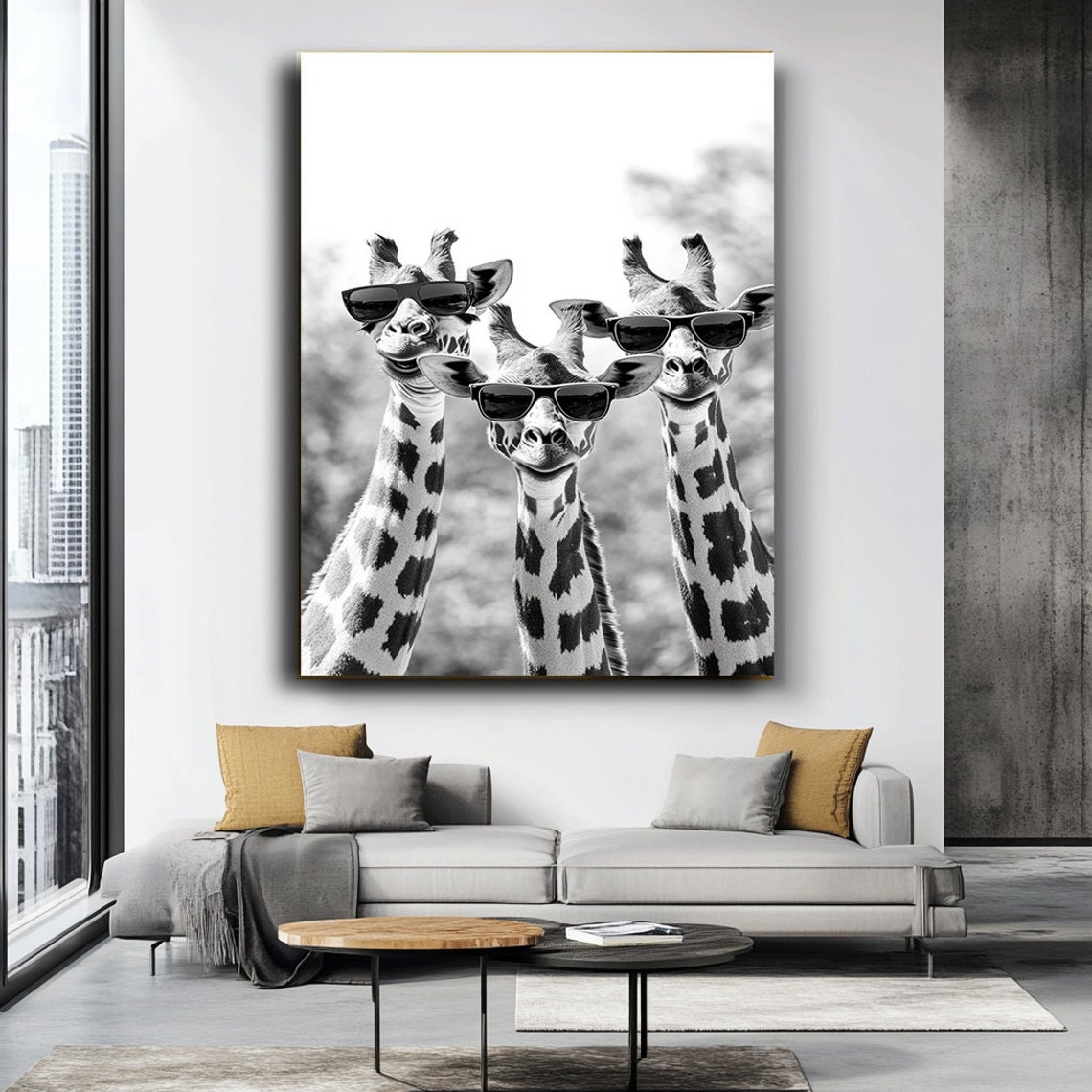 Three Giraffes Wearing Sunglasses Cool Black White Animal Poster - Image 3