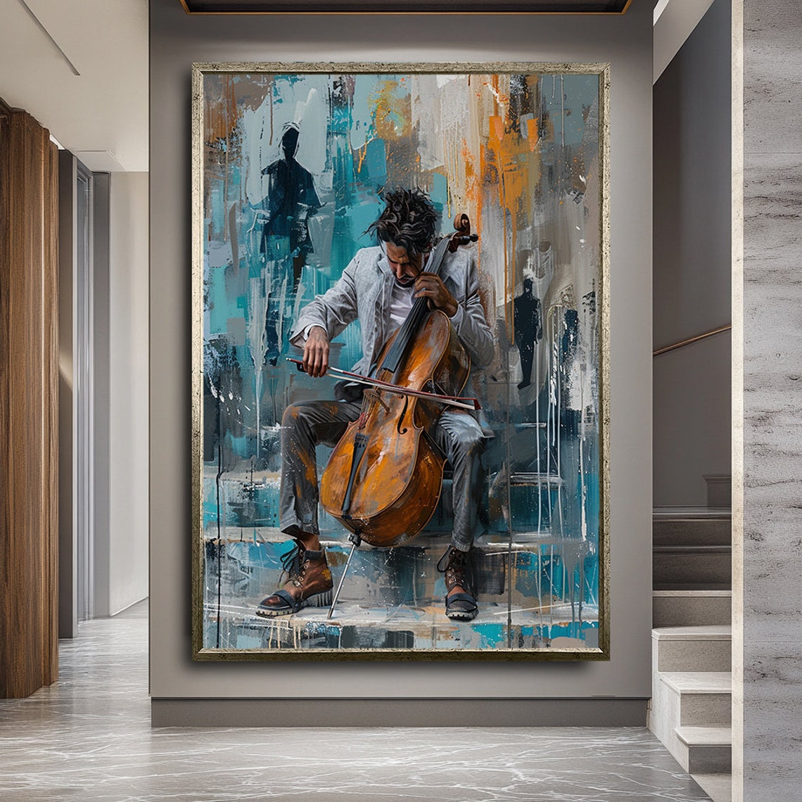 Seated Cellist In Concert Against Turquoise Abstract Backdrop Wall Art - Image 2