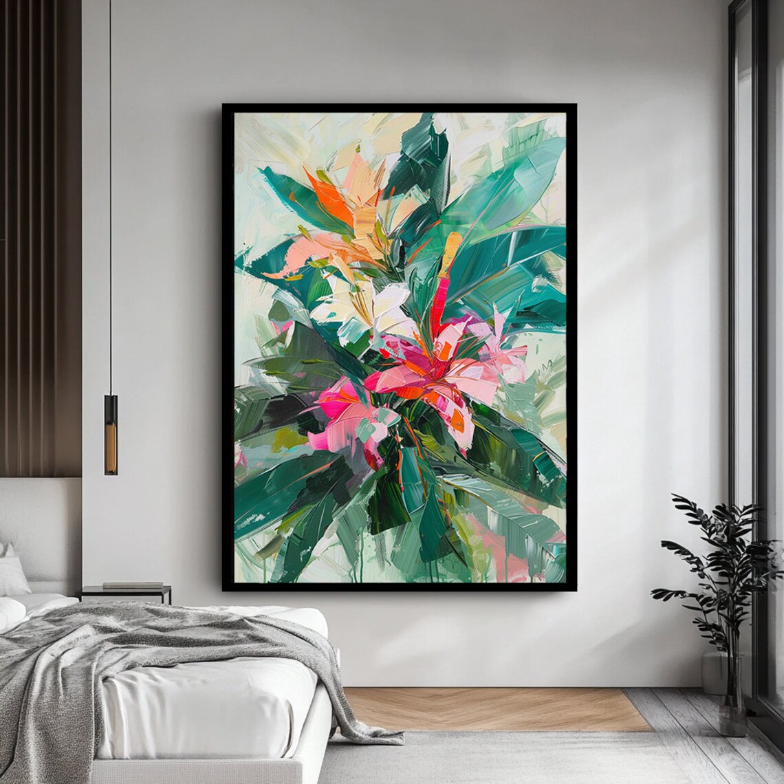 Vibrant Pink Orange Tropical Flowers With Teal Leaves Abstract Poster - Image 4