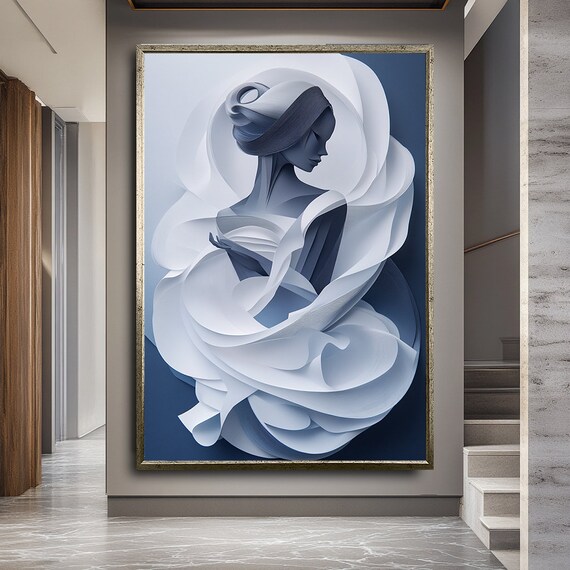 Abstract White Blue Woman Flowing Fabric Minimalist Elegant Art Wall Poster