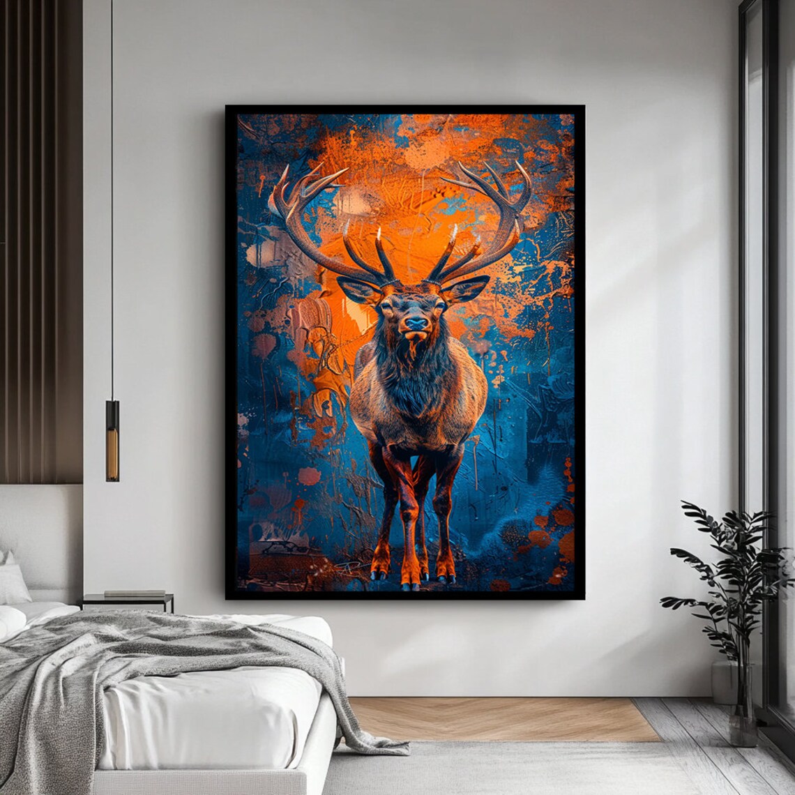 Majestic Stag Antlers Orange Blue Abstract Deer Wall Art Poster - Image 4
