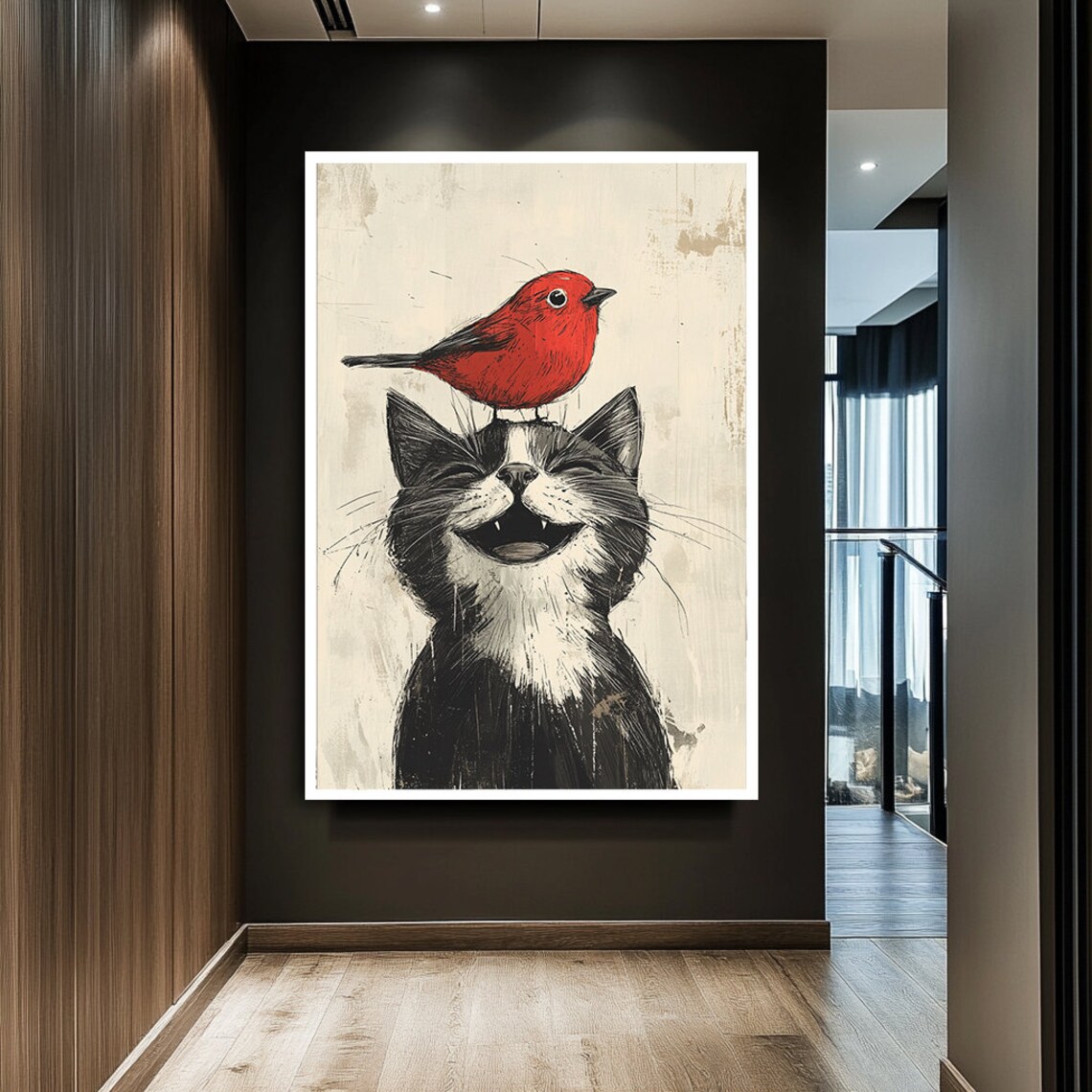 Grinning Black Cat With Red Bird On Head Whimsical Distressed Art Poster - Image 2