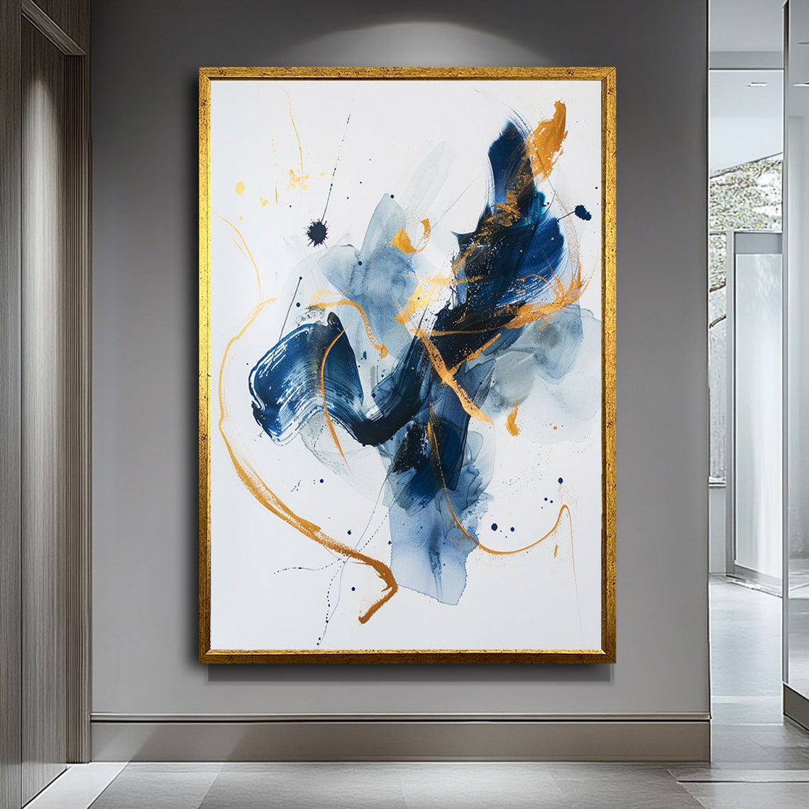 Navy Blue Gold Abstract Watercolor Brushstroke Modern Art Poster - Image 2