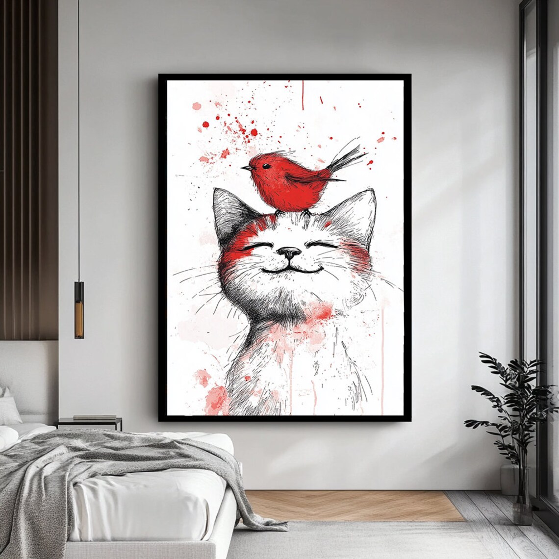Smiling Cat Red Bird On Head Watercolor Sketch Cute Animal Art Wall Poster - Image 4
