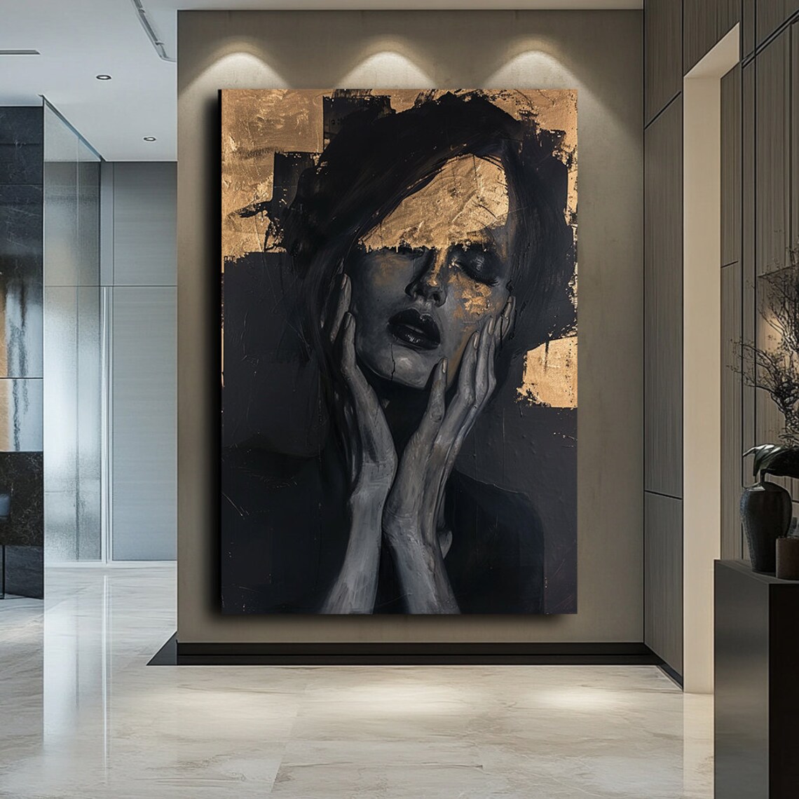 Dark Moody Woman Portrait Gold Leaf Hands To Face Art Poster - Image 2