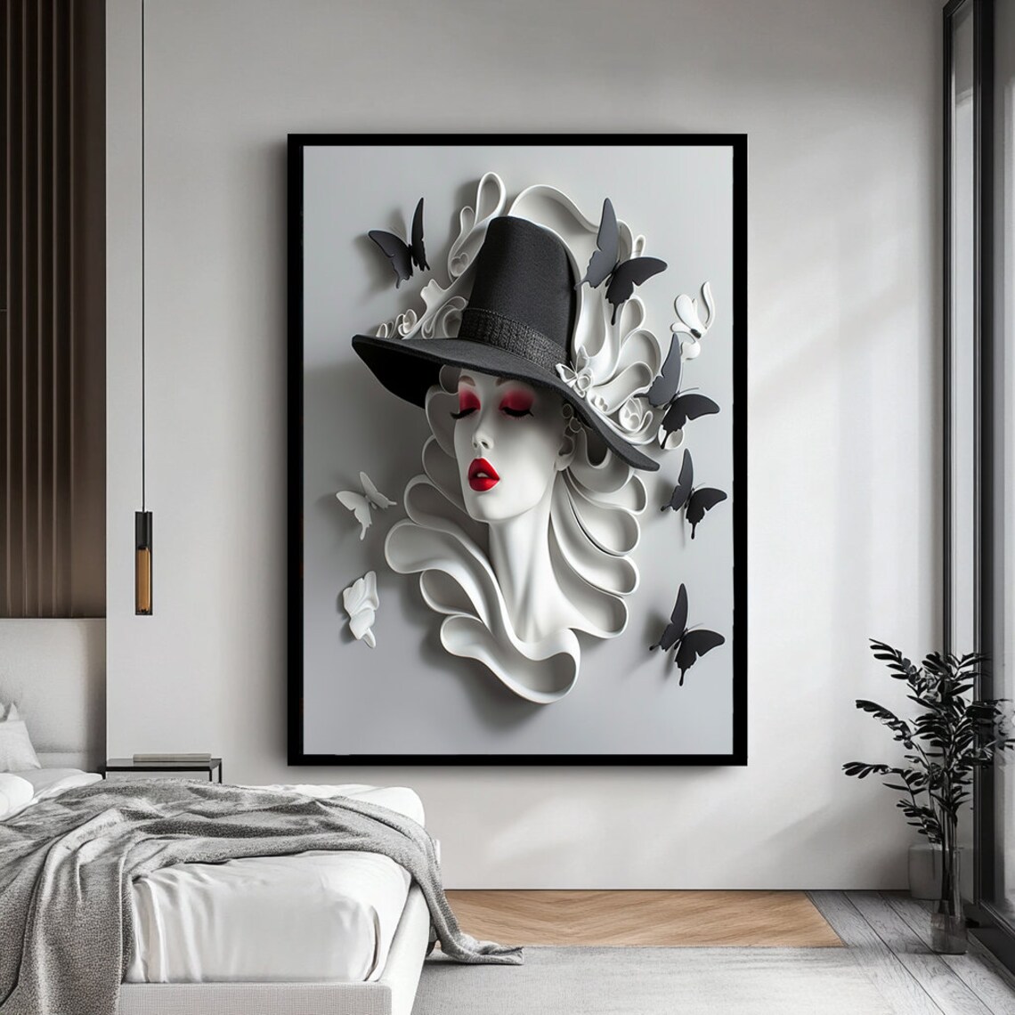 Paper Art Woman Hat Butterflies Red Lips 3D Sculptural Art Poster - Image 4