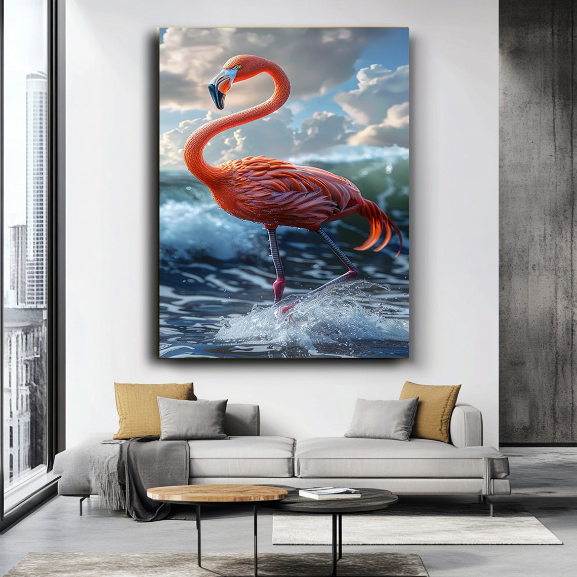 Pink Flamingo Standing Ocean Wave Splash Tropical Bird Poster - Image 3