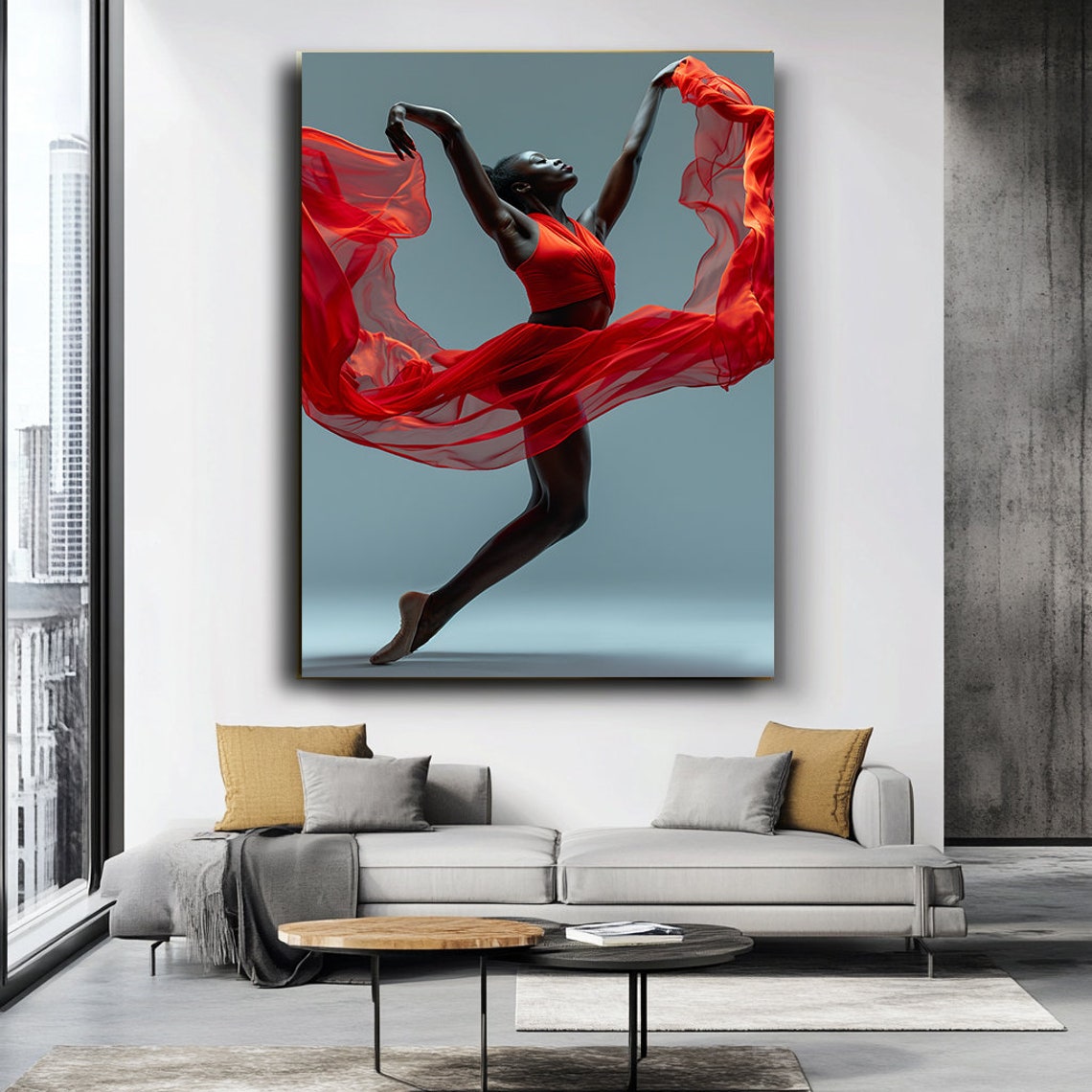 African Ballerina Flowing Red Gown Dynamic Ballet Leap Poster - Image 3