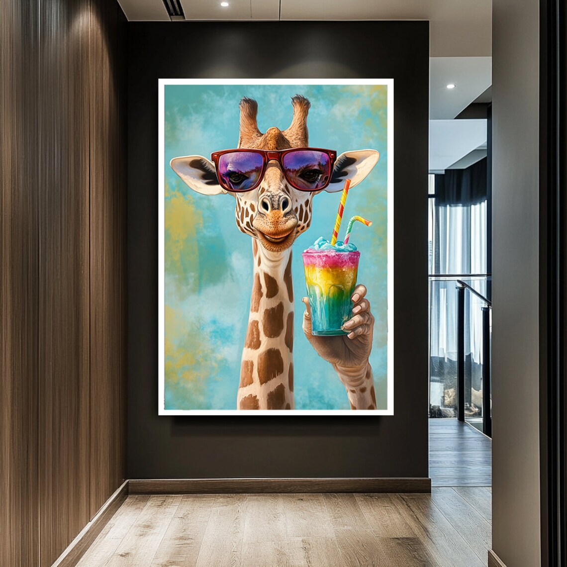 Giraffe Wearing Sunglasses Holding Rainbow Cocktail Fun Whimsical Poster - Image 2