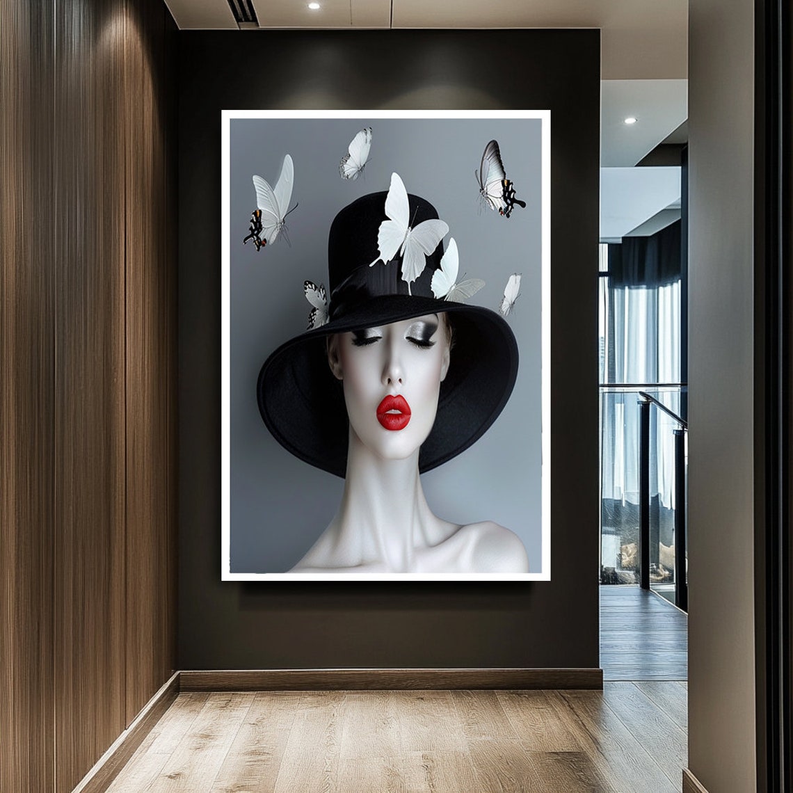 Monochrome Woman Black Hat Red Lips White Butterflies Poster - Image 2