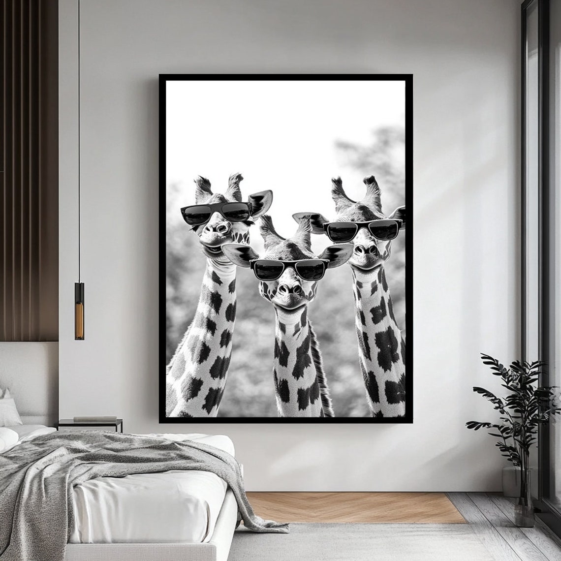 Three Giraffes Wearing Sunglasses Cool Black White Animal Poster - Image 4