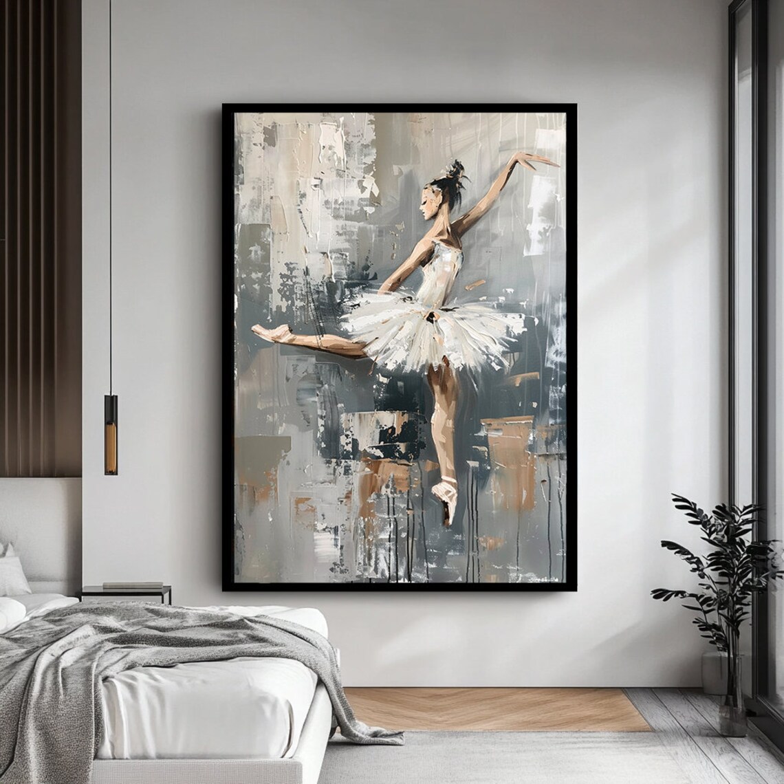 Elegant Ballerina White Tutu Arabesque Pose Gray Abstract Ballet Art Poster - Image 4