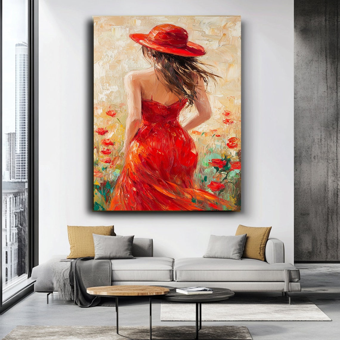 Stylish Art Print Elegant Lady In Red Dress And Hat Vintage Glamour Wall Art Fashion Portrait Print High Fashion Print - Image 2