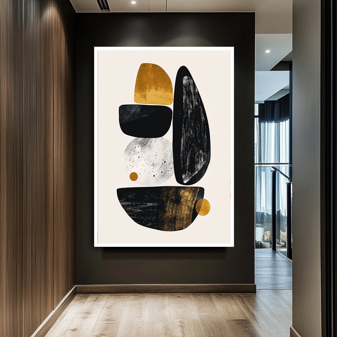 Minimalist Black Gold Geometric Stone Shapes Modern Abstract Art Print - Image 2