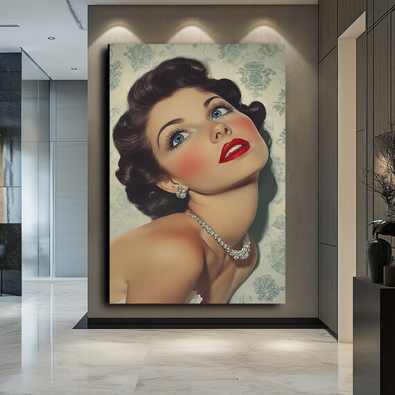 Retro Glamour Portrait Blue Eyed Woman Red Lips Diamond Jewelry Wall Poster
