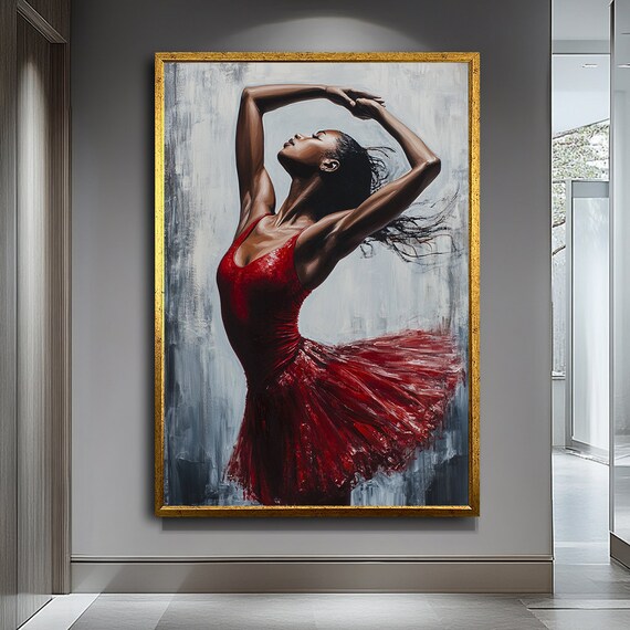 Ballerina In Red Dress Arms Arched Overhead Elegant Dance Painting Art Poster