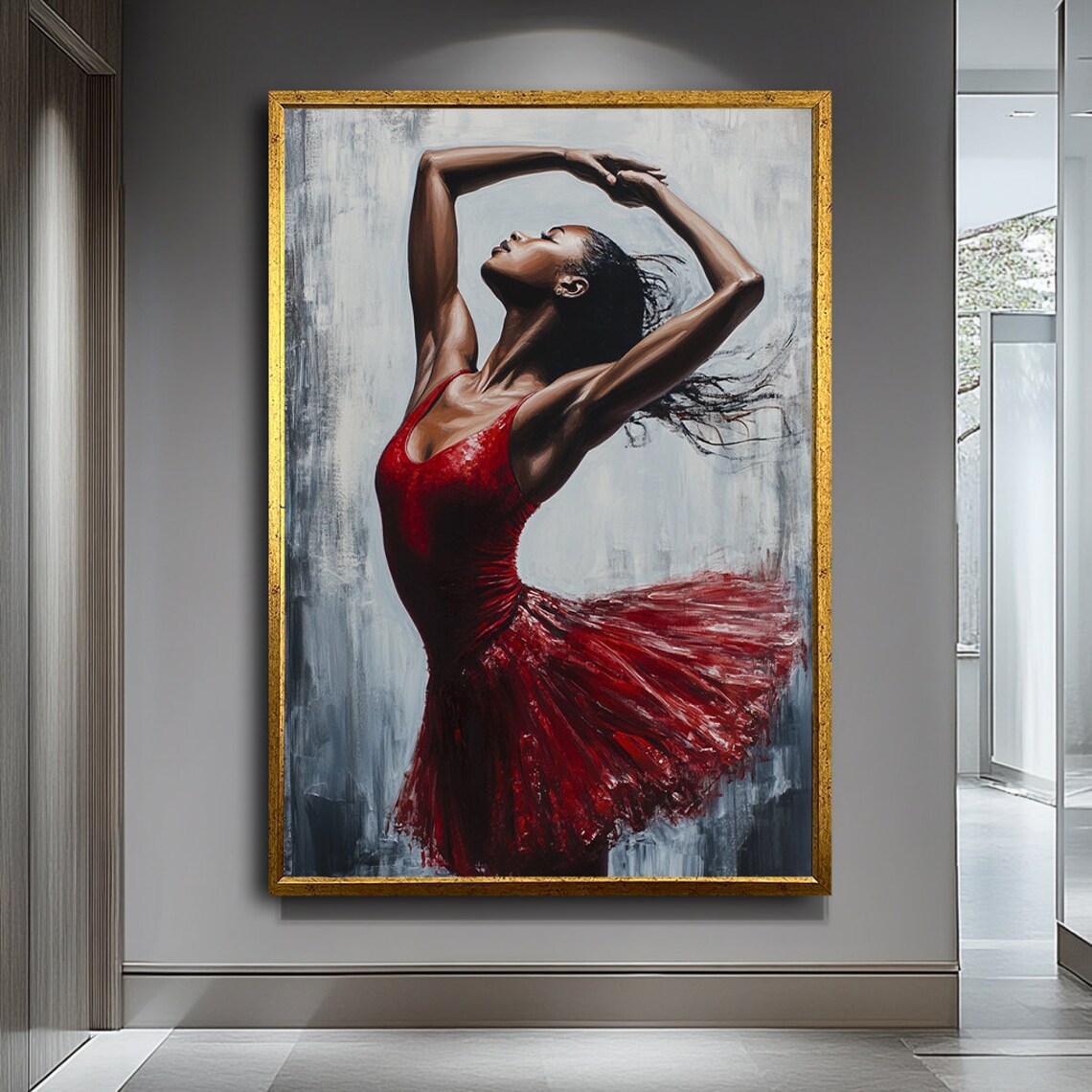 Ballerina In Red Dress Arms Arched Overhead Elegant Dance Painting Art Poster