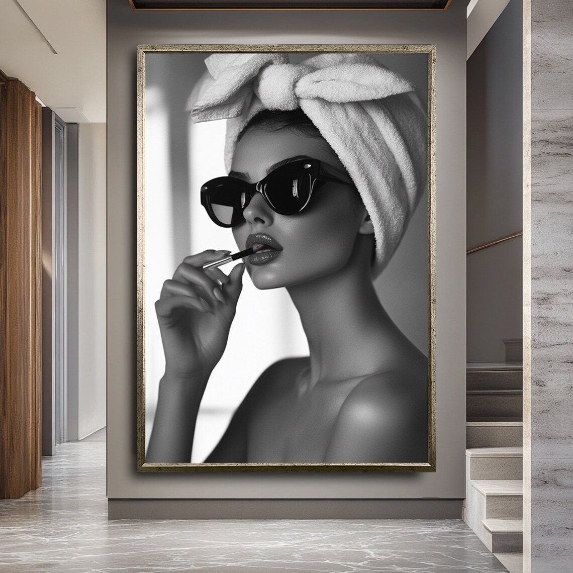 Black White Woman With Towel Turban Applying Lipstick Glam Beauty Poster - Image 2