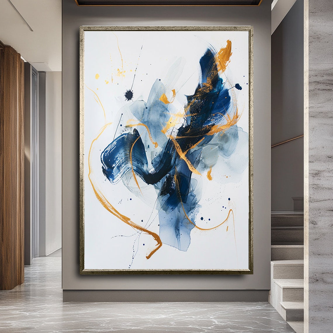 Navy Blue Gold Abstract Watercolor Brushstroke Modern Art Poster