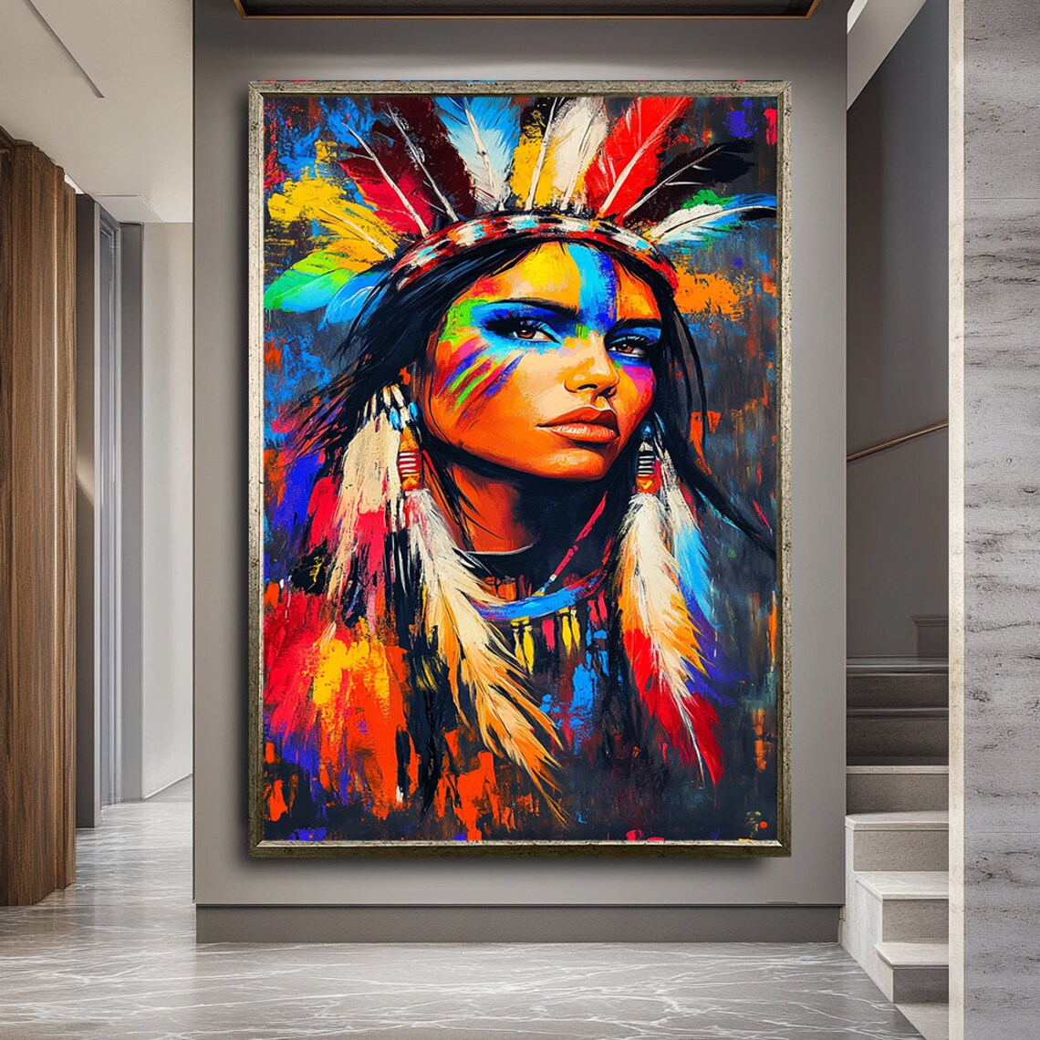 Native American Woman Feather Headdress Vibrant Colorful Portrait Art Poster - Image 2