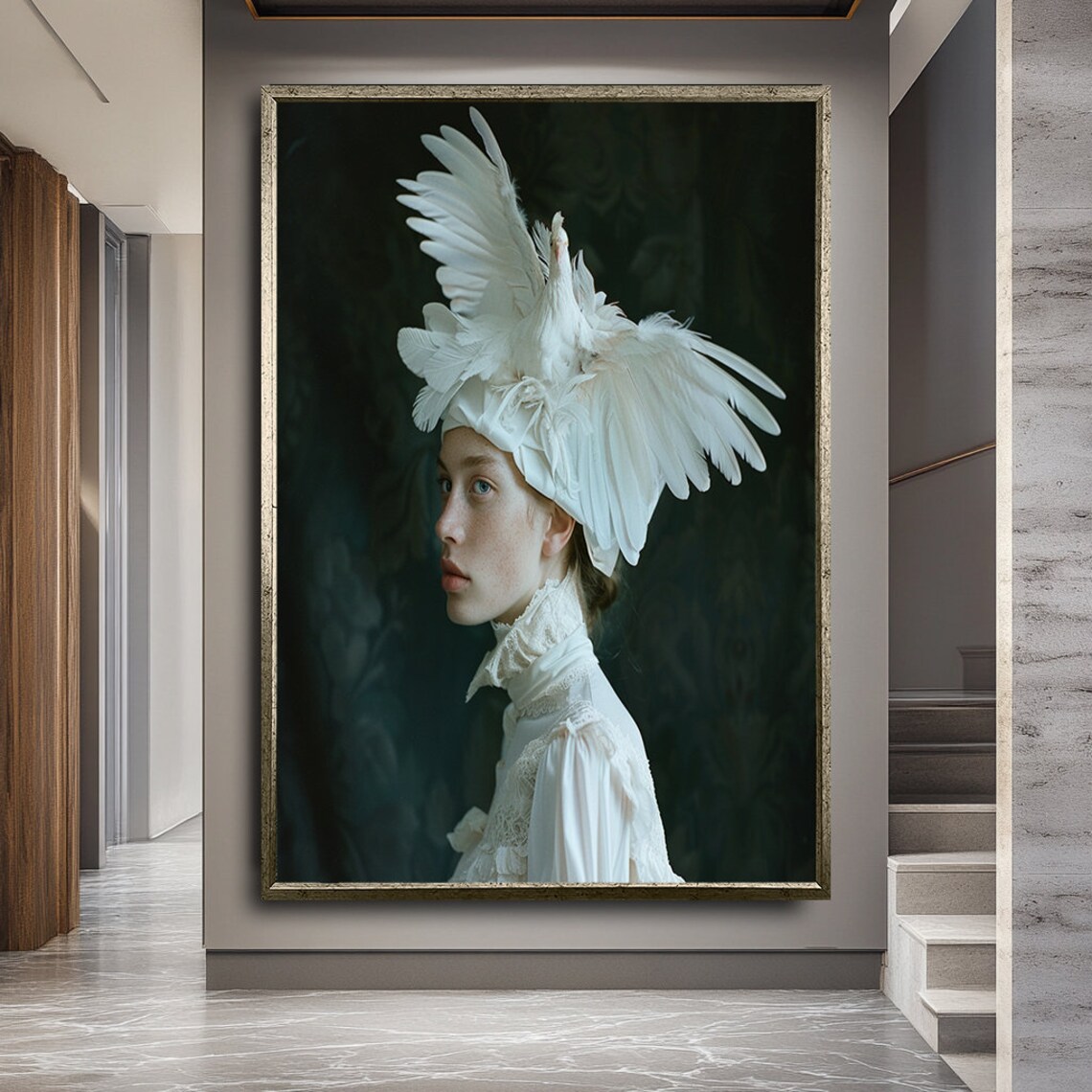 Woman With White Feather Swan Headdress Moody Victorian Portrait Art Poster