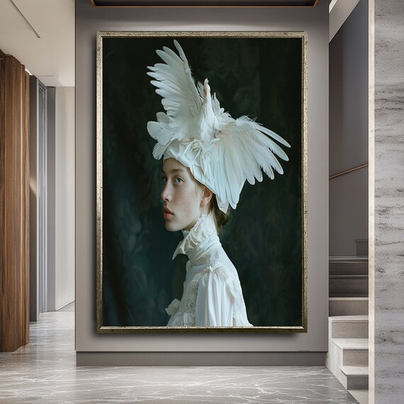 Woman With White Feather Swan Headdress Moody Victorian Portrait Art Poster