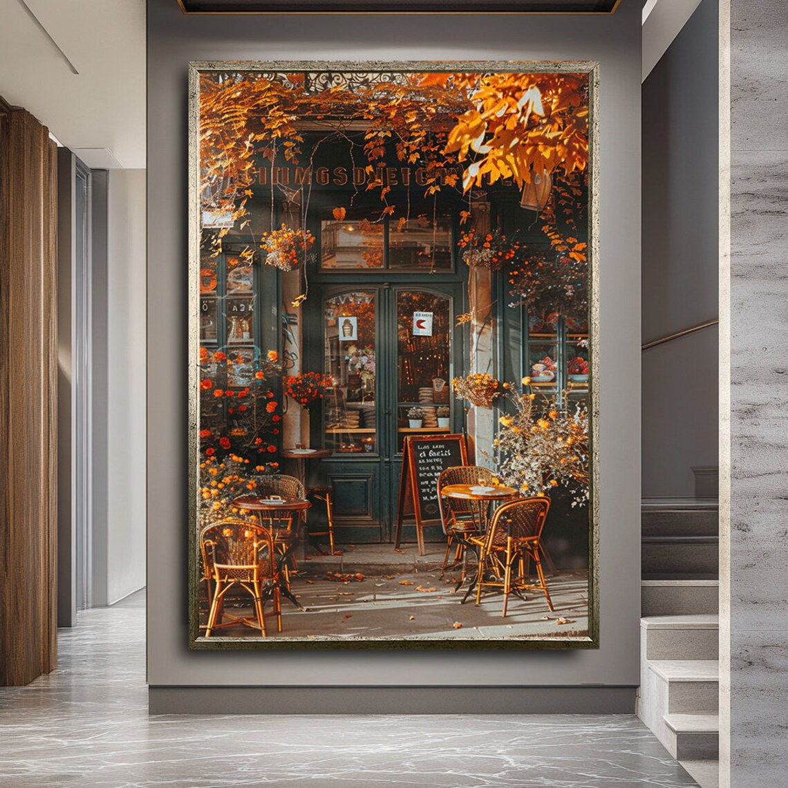 Parisian Cafe Autumn Golden Leaves Charming Street View Poster - Image 2