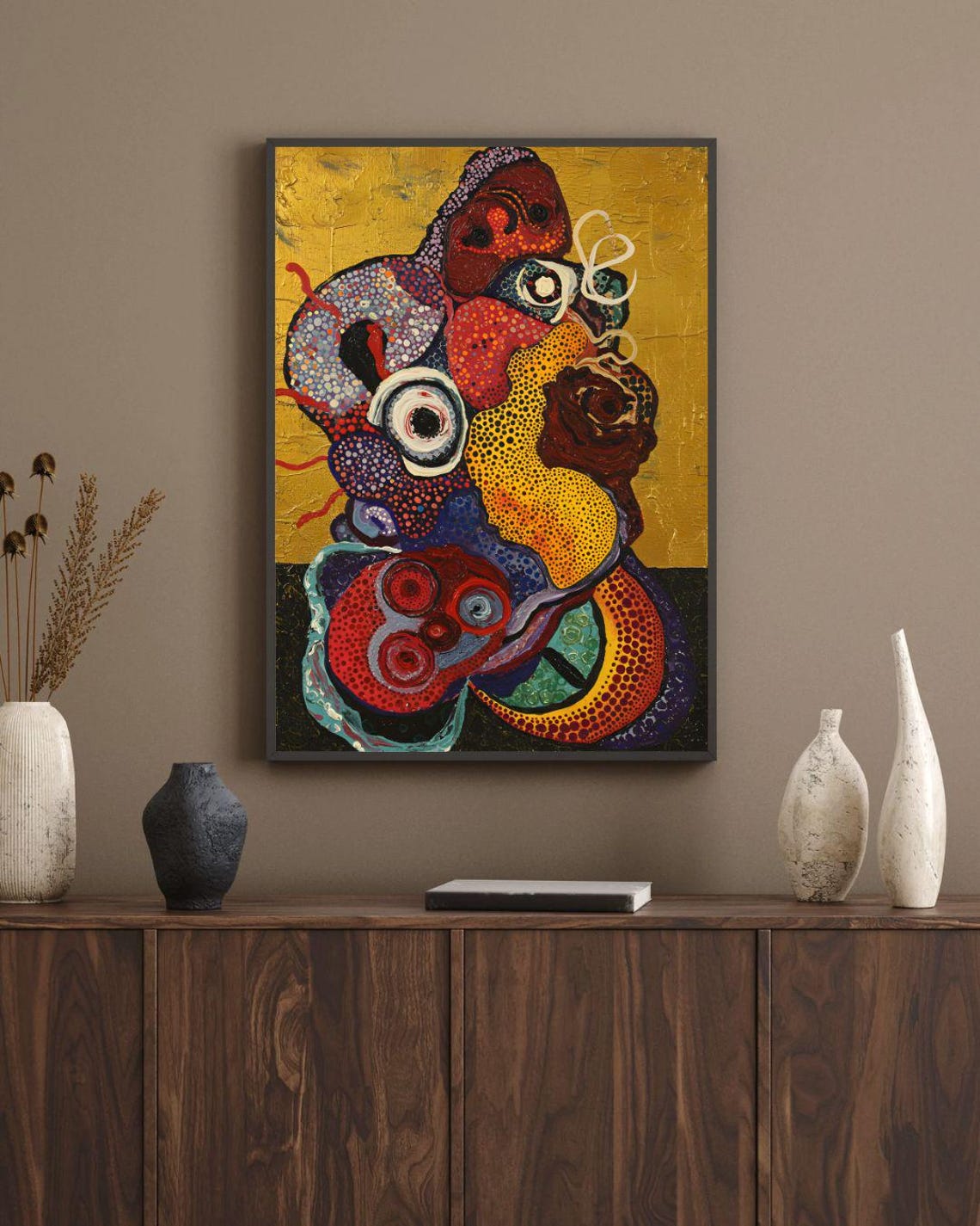 Vibrant Organic Dotted Abstract Shapes On A Gold Background Poster