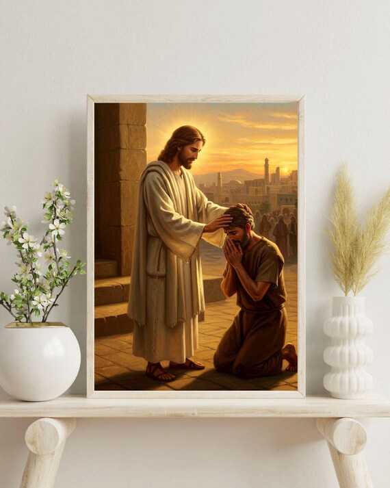Jesus Healing the Kneeling Blind Man at Golden Sunset Art Poster