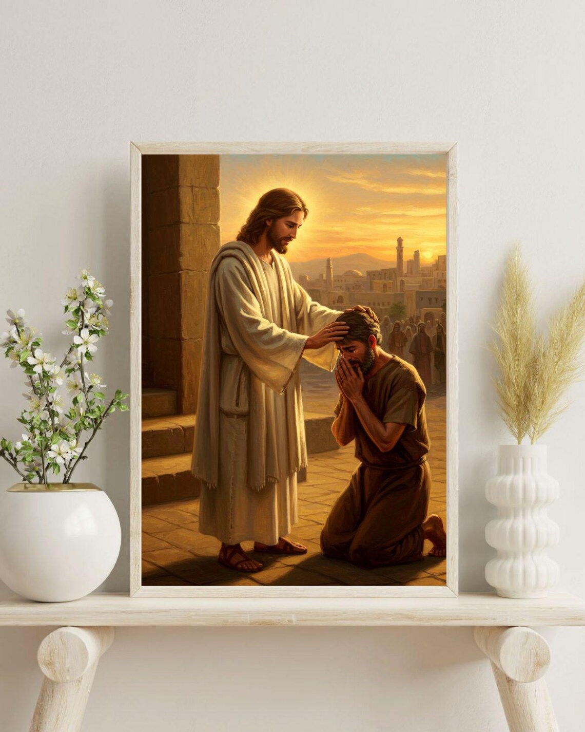 Jesus Healing the Kneeling Blind Man at Golden Sunset Art Poster