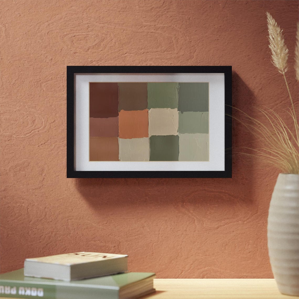 Calm Earthy Checkerboard Blocks Minimalist Abstract Art Poster - Image 2