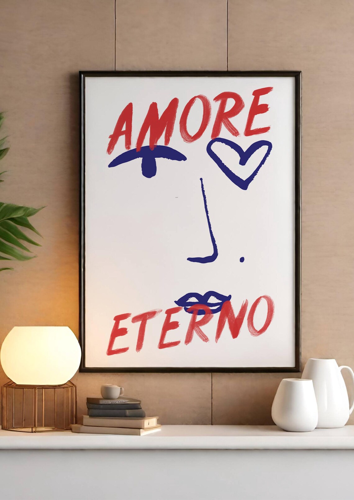 Amore Eterno Abstract Face Typographic Poster Red and Blue Ink - Image 3