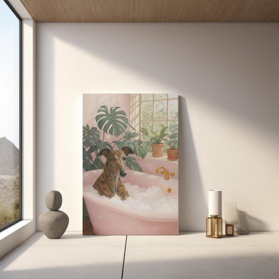 Funny Greyhound Art In Bathtub Print Modern Pet Wall Decor Instant
