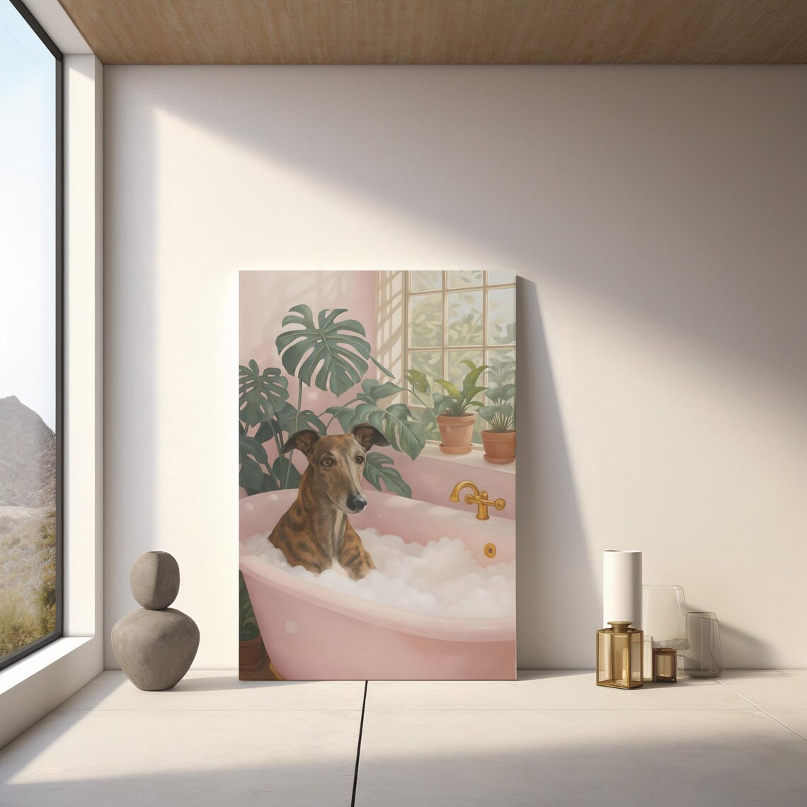 Greyhound in Pink Bathtub Bubble Bath Elegant Sighthound Dog Wall Poster