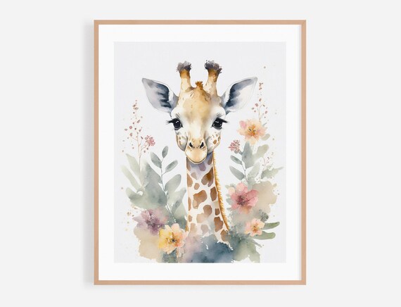 Baby Giraffe Watercolor Nursery Portrait With Wildflowers Poster