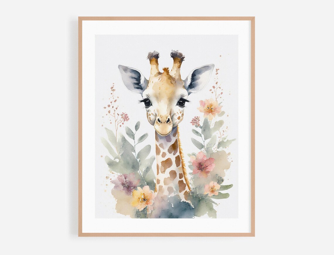 Baby Giraffe Watercolor Nursery Portrait With Wildflowers Poster