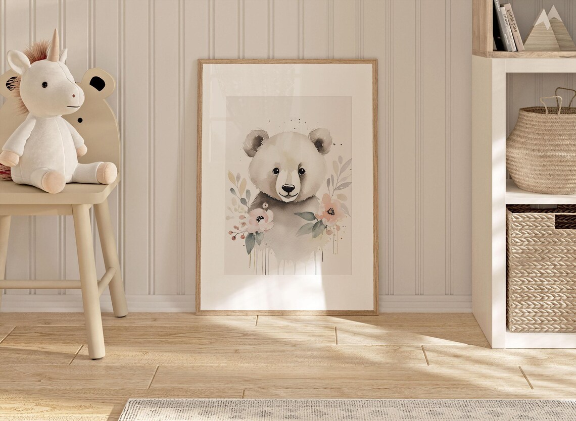 Sweet Baby Bear Watercolor Nursery Portrait With Pink Flowers Poster - Image 2