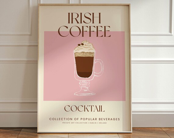 Retro Irish Coffee Cocktail Print Vintage Wall Art Design In Beige Pink Modern Home Gallery Wall Bar Kitchen Decor Gift For Friend