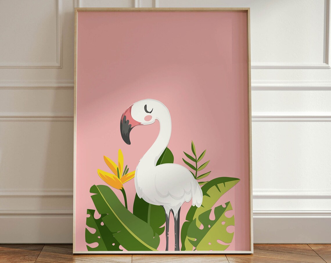 Plants And Flamingo Bird Print, Boho Decor