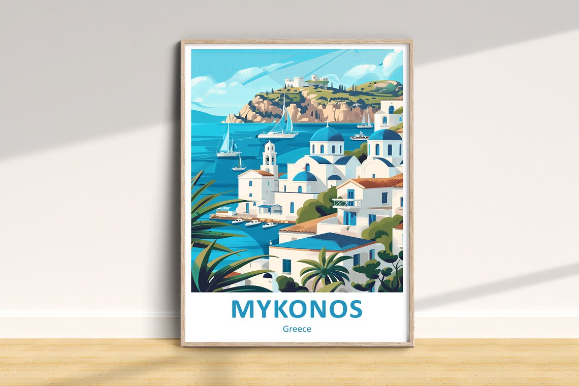 Sunny Mykonos Greece Blue Domed Churches Aegean Travel Art Poster