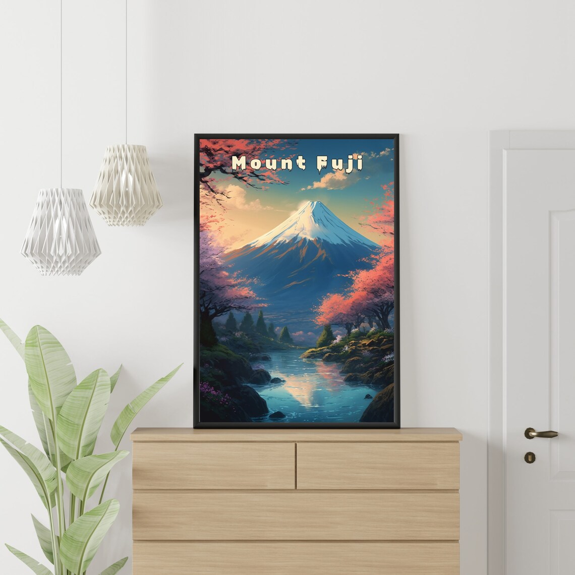 Snowcapped Mount Fuji with Cherry Blossoms Vintage Travel Poster
