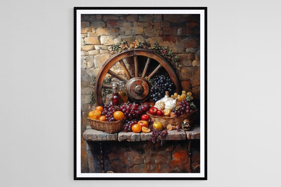 Rustic Fruit Still Life Art Print Wagon Wheel And Bounty Of Nature