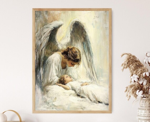 Gentle Guardian Angel Watching Over Sleeping Child Art Poster